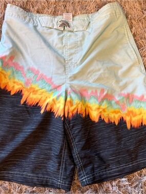 wonder nation Boys Light Aqua, Black & Multicolor Wave Swim Trunks